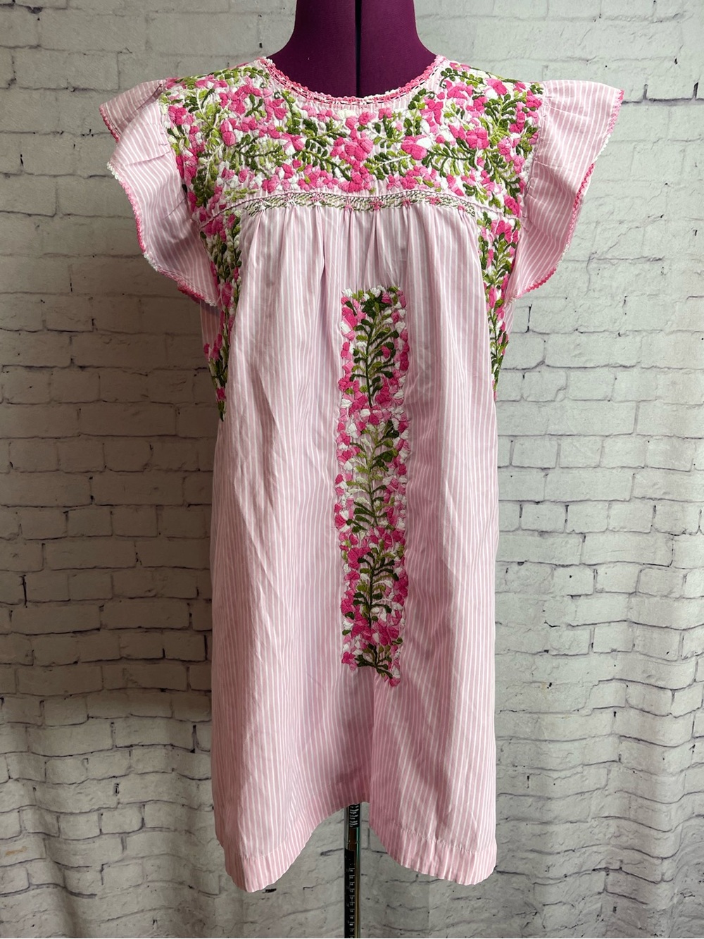 Margarita Mercantile Sara dress pink with pink and green embroidery Oaxaca